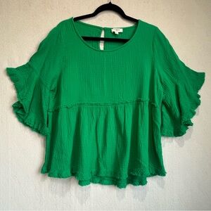 Umgee Kelly Green Boho Fringe Top Sz M Bell Sleeve